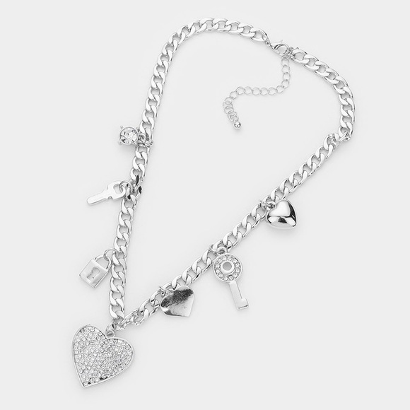 Silver lock and key heart pendant chain link fashion necklace - Picture 2 of 4